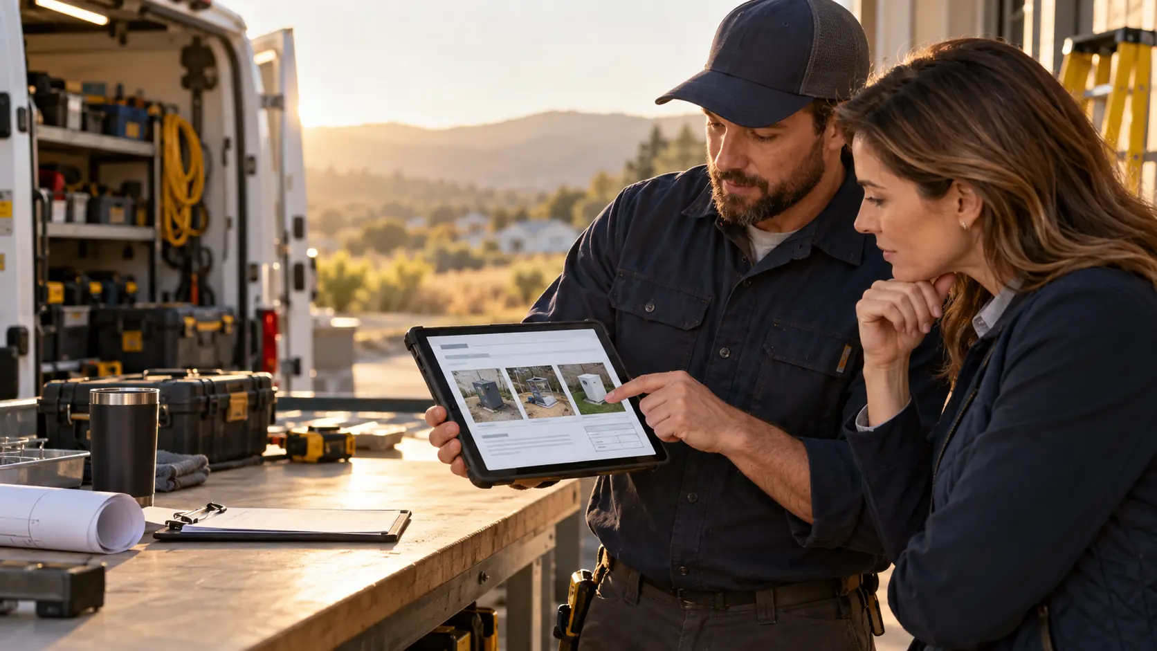 A field technician and manager reviewing a structured job report with photo evidence on a tablet
