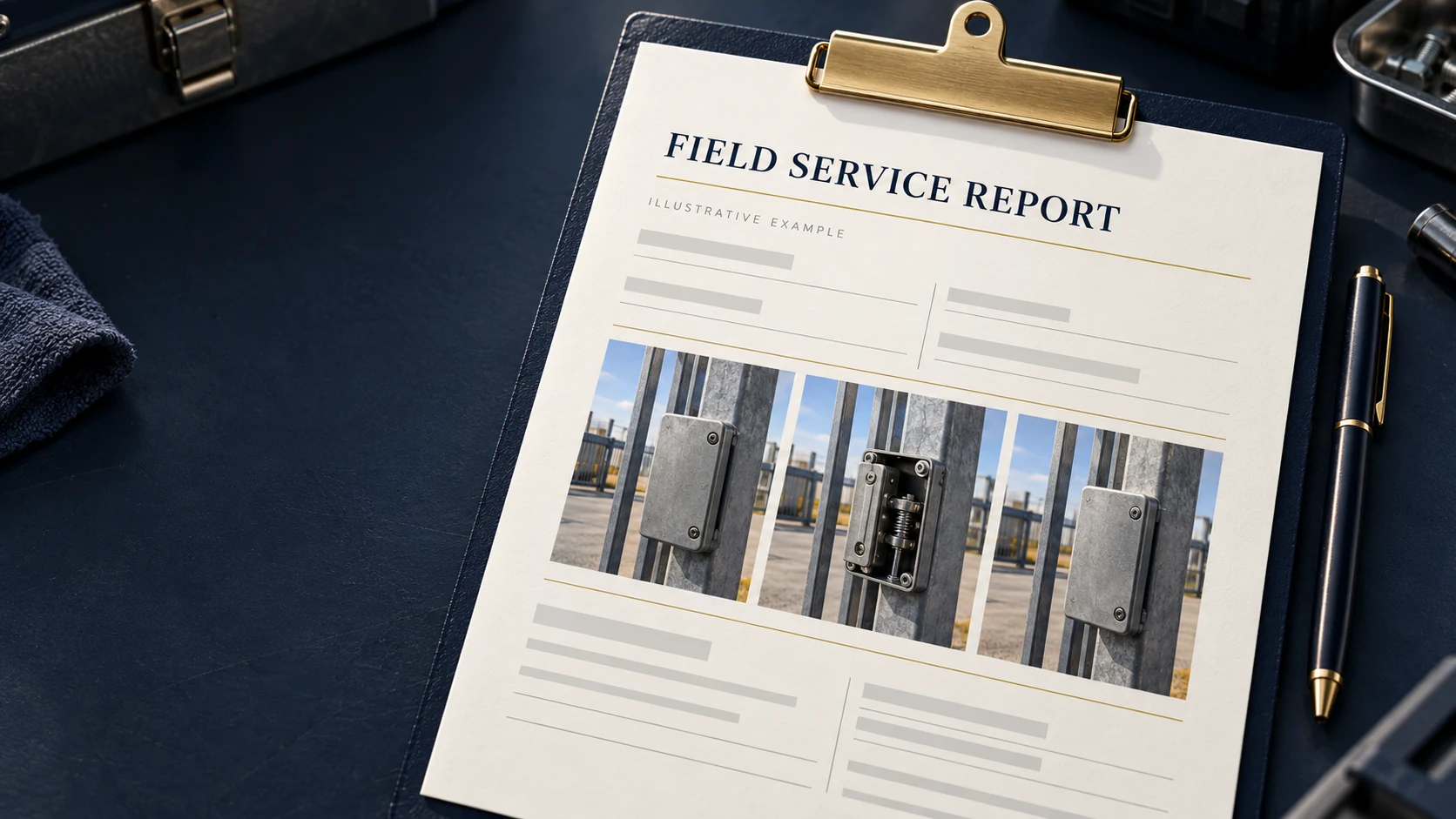 Illustrative field service report on a navy clipboard with sample photo evidence and gold details