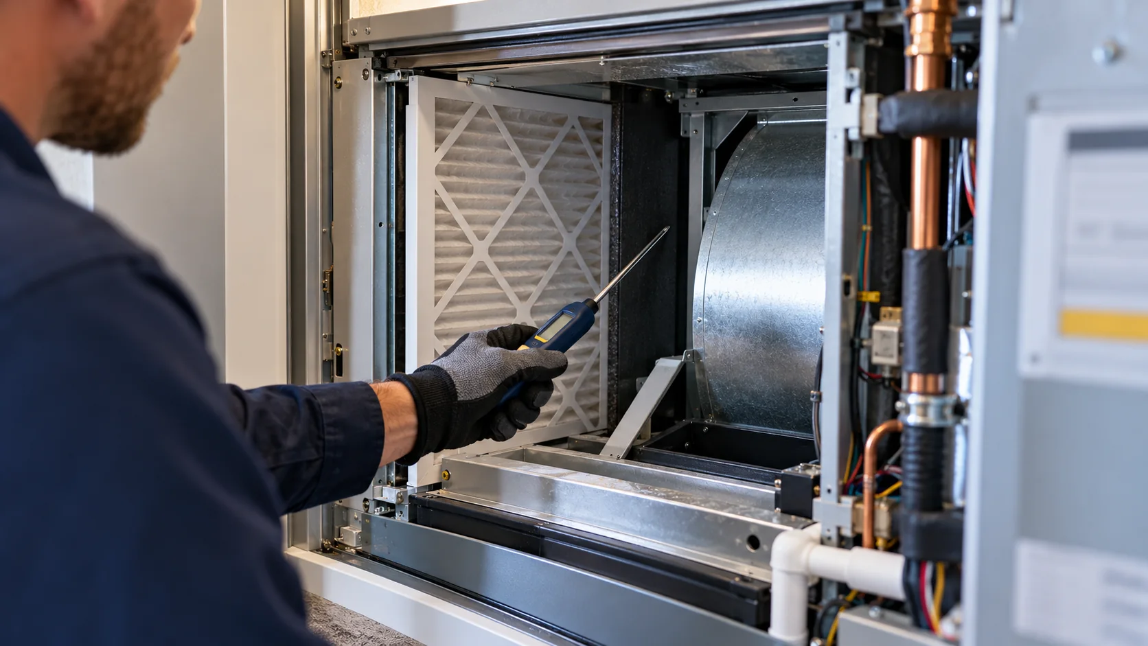 Technician checking an HVAC filter with a handheld probe