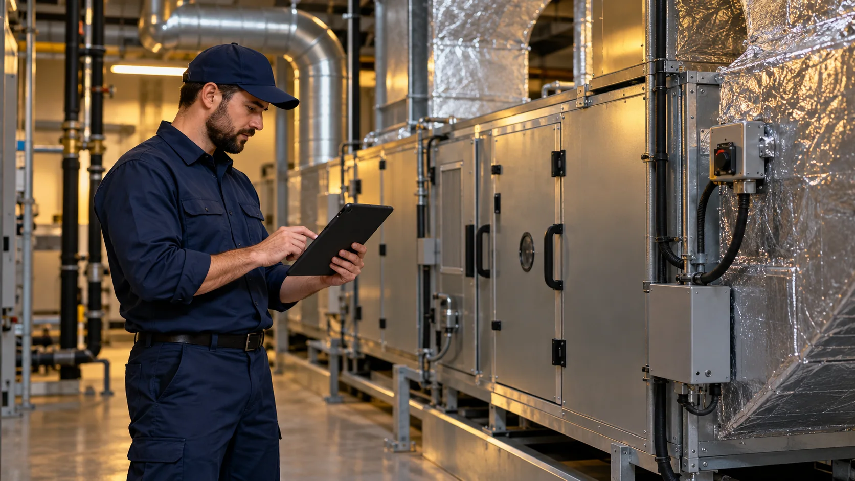 HVAC technician reviewing an air-handling unit while documenting a service visit