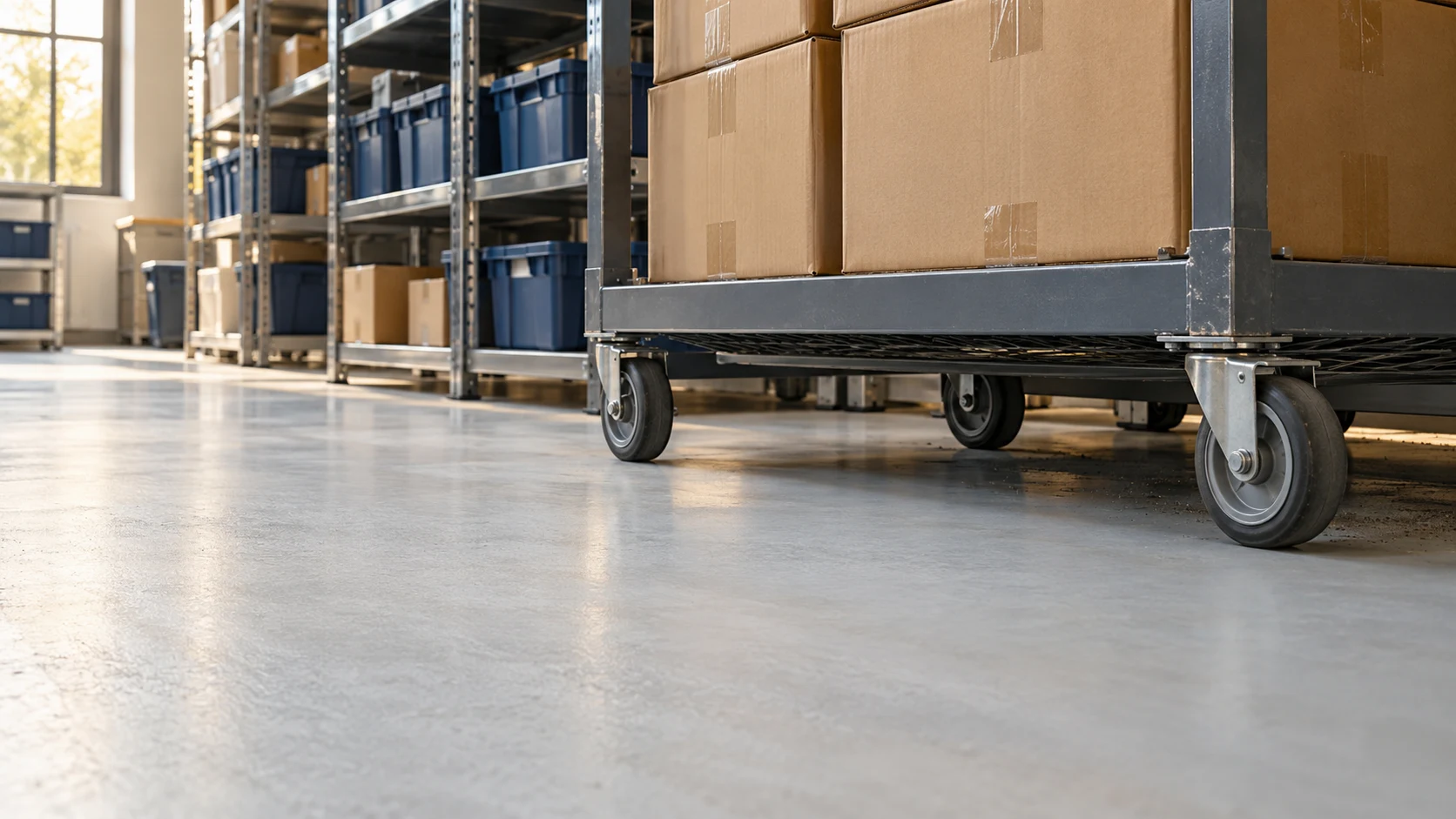 Loaded storage cart blocks access to a section of floor beside the cleaned accessible area