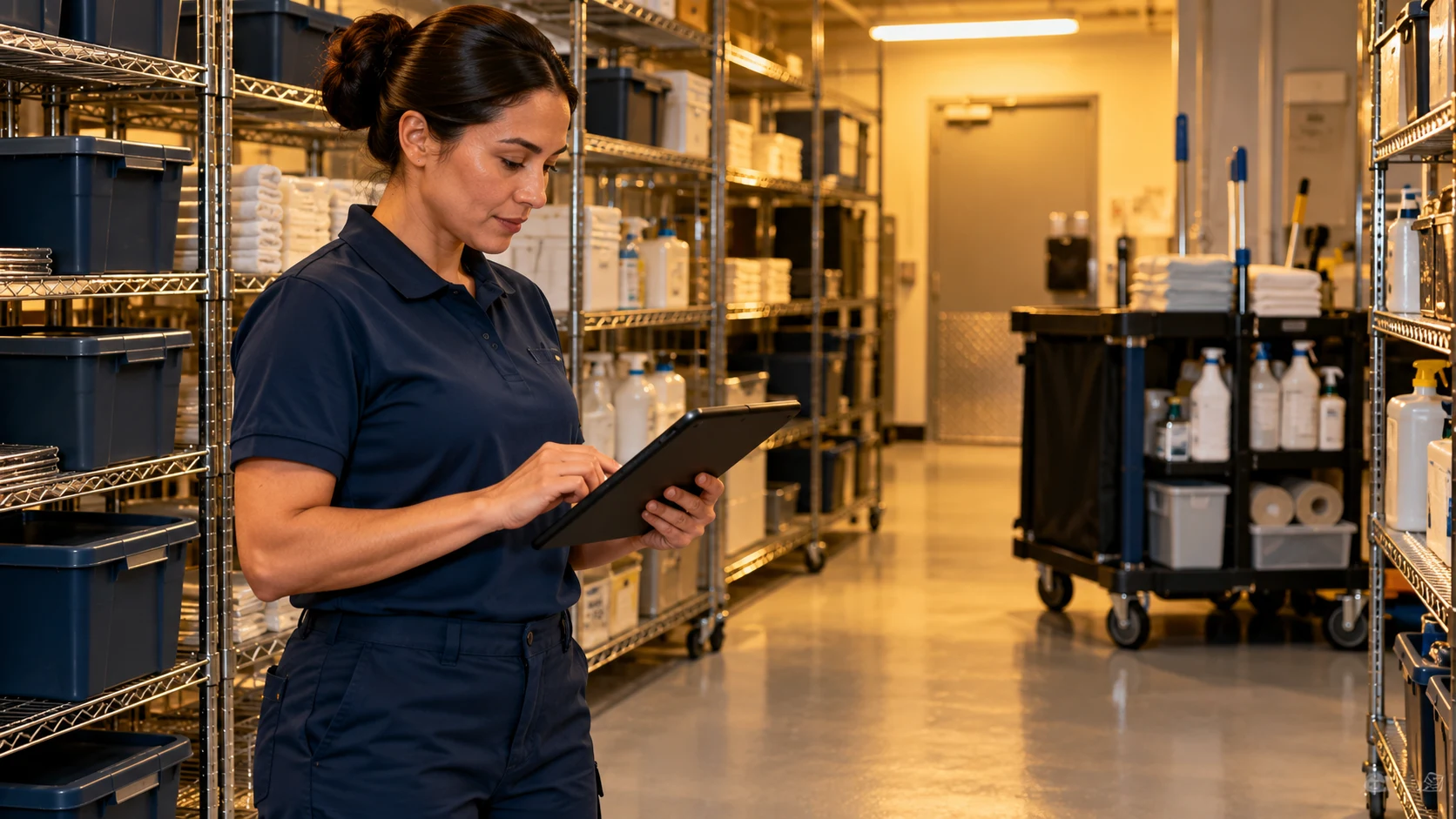Technician documenting a cleaning visit on a tablet in a commercial storage room