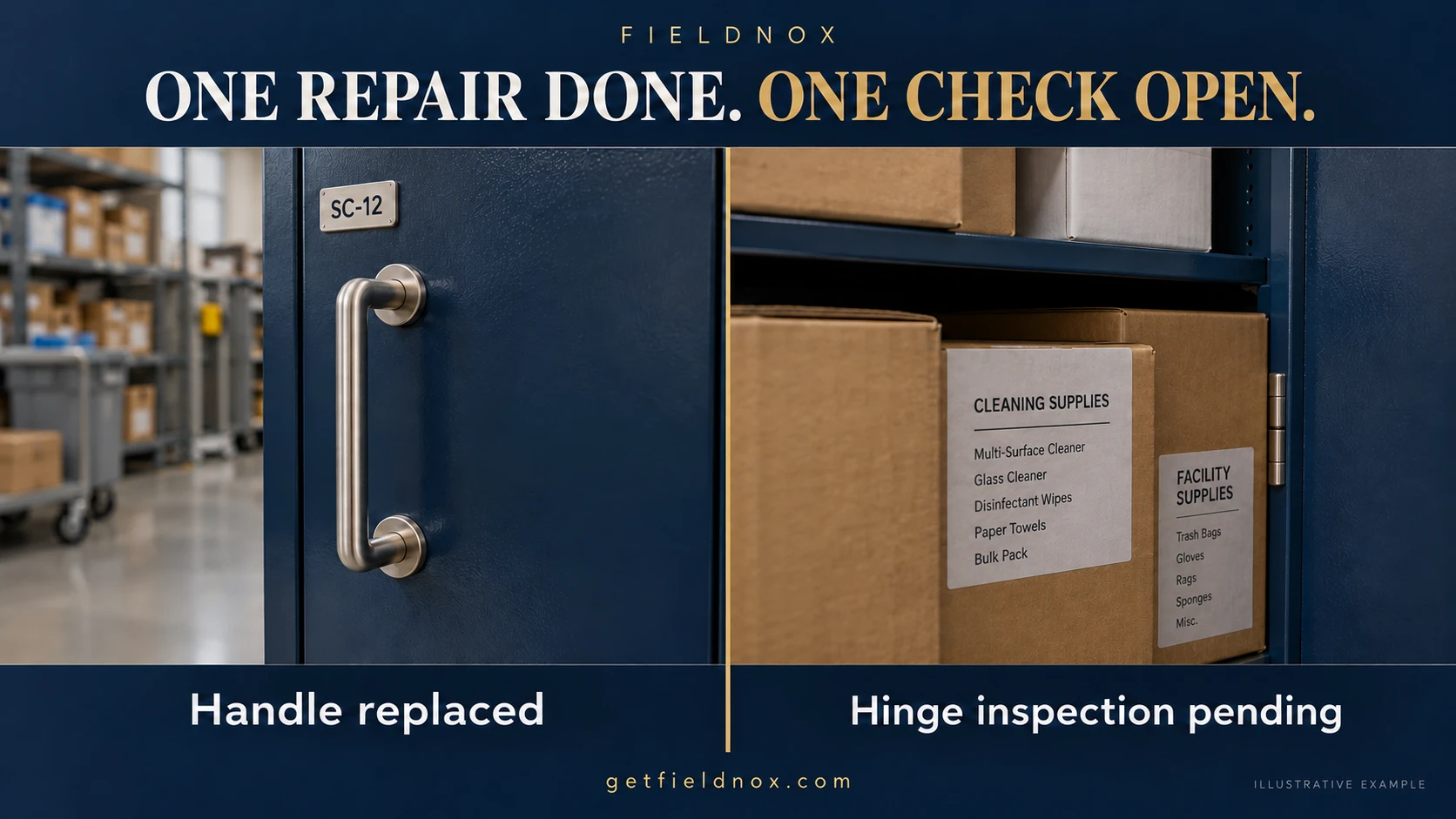 Illustrative comparison: cabinet handle replaced and hinge inspection pending because boxes block access