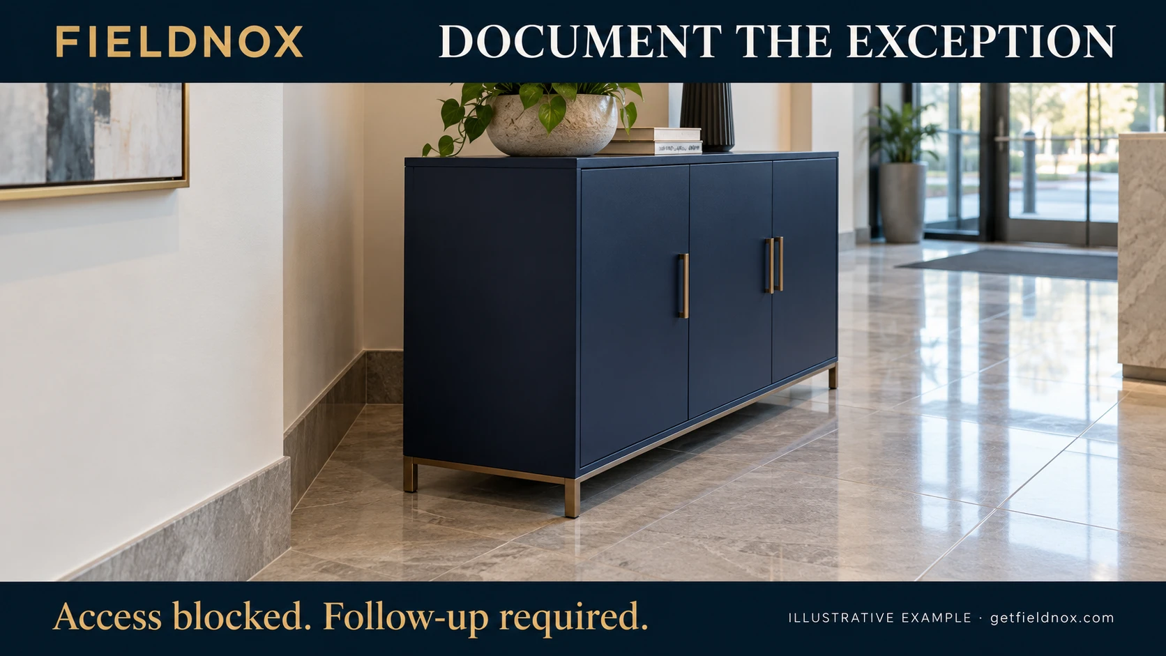 Illustrative lobby scene with a cabinet blocking access to the floor behind it
