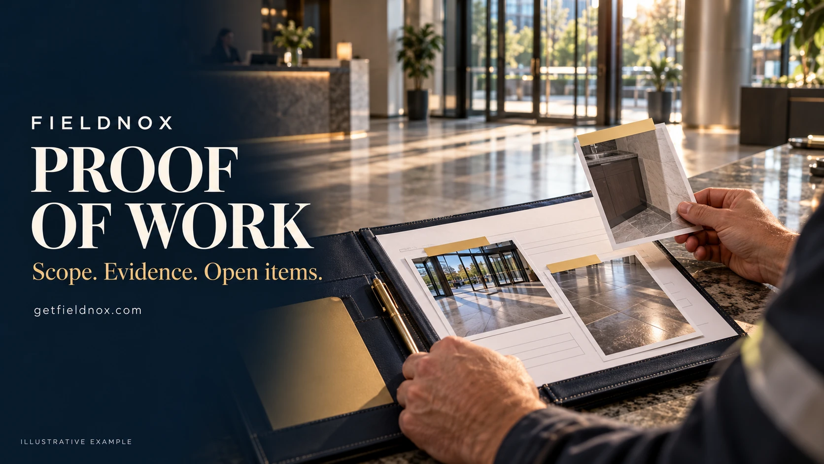 Illustrative scene of a field worker reviewing printed job evidence in a commercial lobby