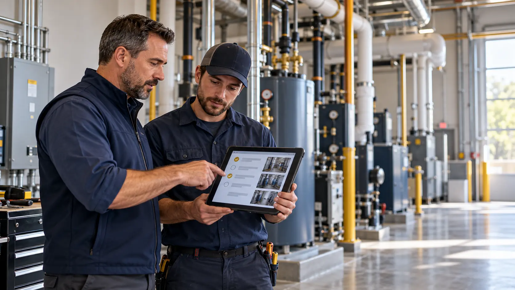 A field service manager and technician reviewing a work report on a tablet